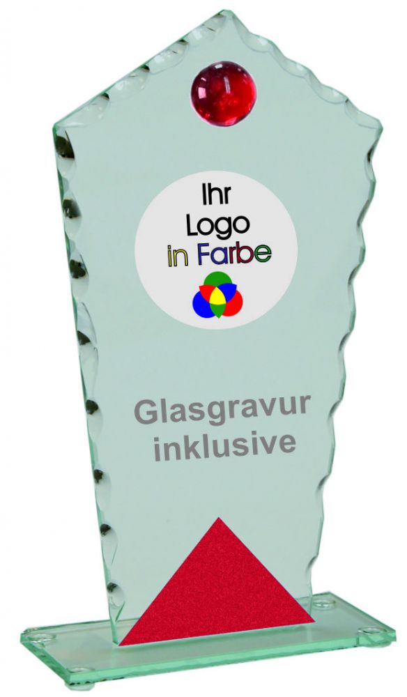 Moderne Glastrophäe in rot, grün, blau oder gelb lieferbar - 22 cm - Farbdruck oder Gravur inklusive